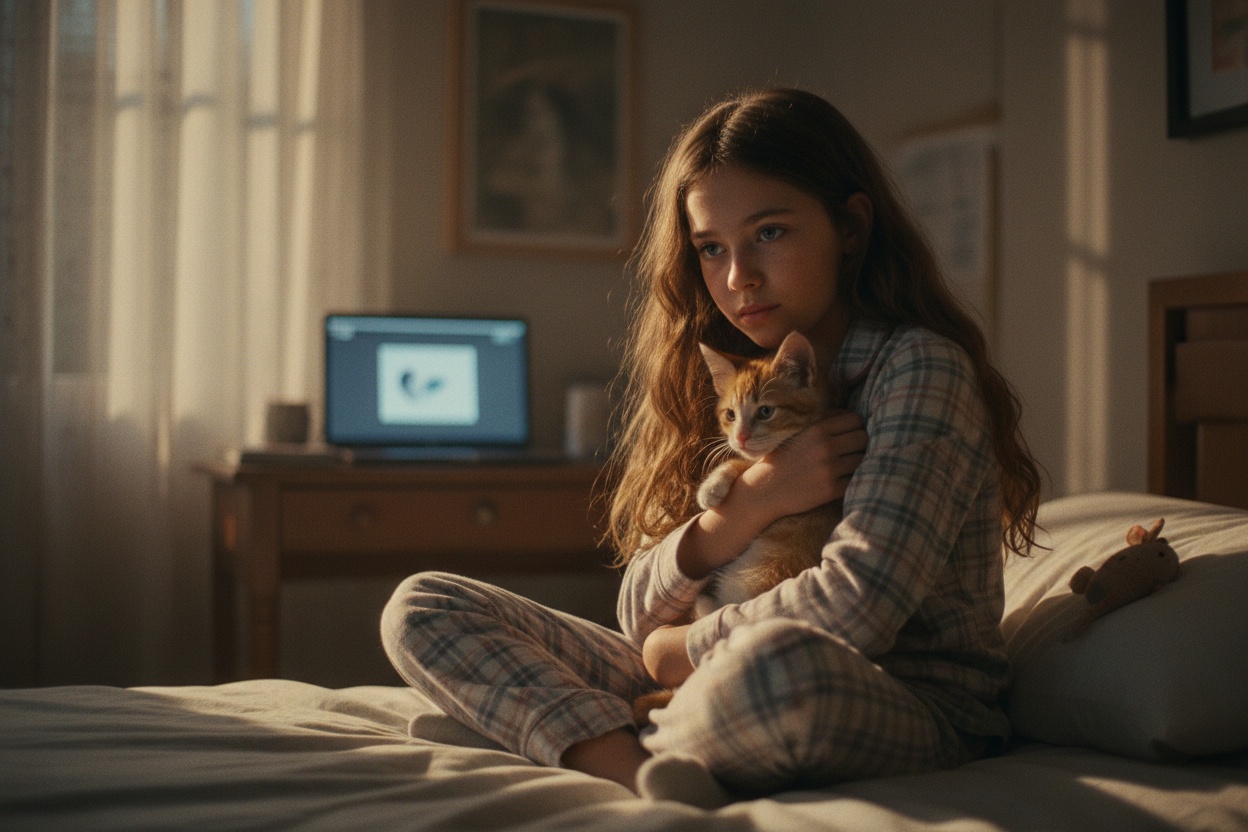 Dawn Reed, age 12, holding her cat Ms. Silly in the morning light — the prologue opening of COGNITO
